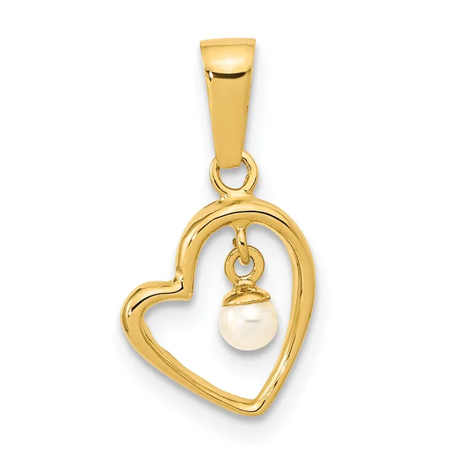 Gold heart-shaped pendant with a dangling white pearl inside, suspended from a gold bail.