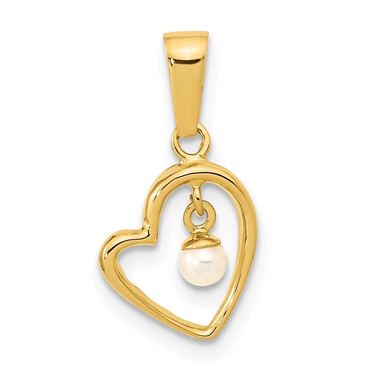 Gold heart-shaped pendant with a dangling white pearl inside, suspended from a gold bail.