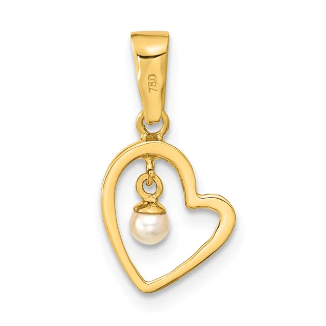 Gold heart-shaped pendant with a small pearl suspended inside, shown hanging from a gold bail with a small stamped hallmark.