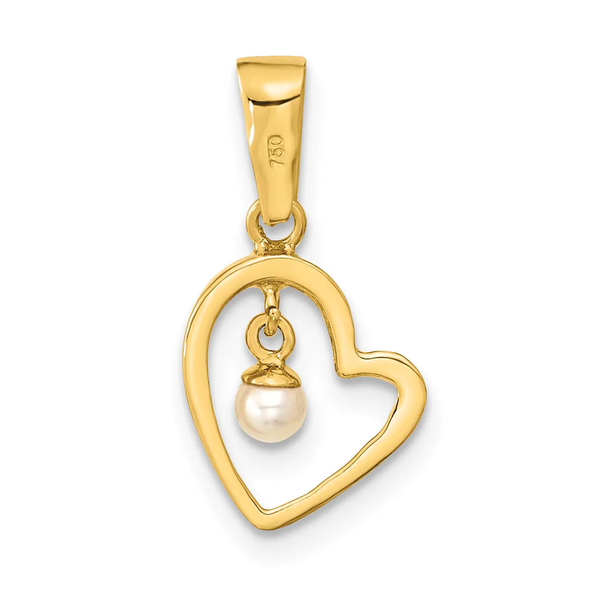 Gold heart-shaped pendant with a small pearl suspended inside, shown hanging from a gold bail with a small stamped hallmark.