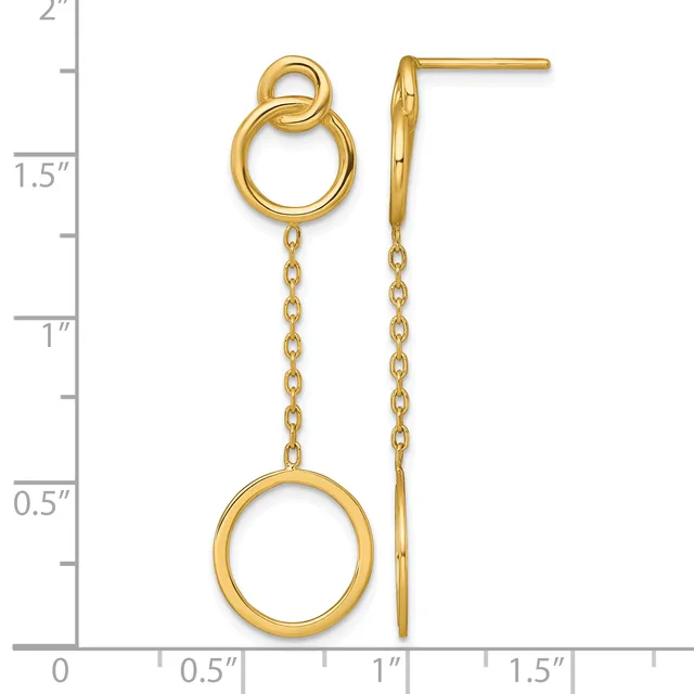 Gold-tone dangle earrings featuring a looped top connector with a delicate chain leading to a circular ring pendant, shown against a measurement scale.