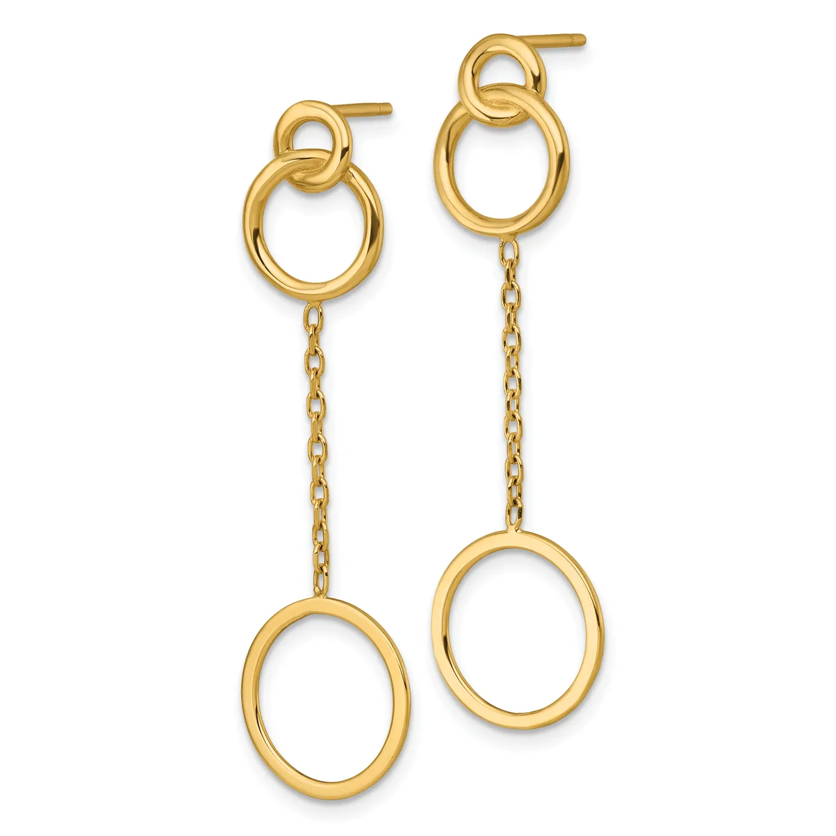 Pair of gold dangle earrings with stud posts, each featuring two linked circular rings with a delicate chain suspending an oval ring below.