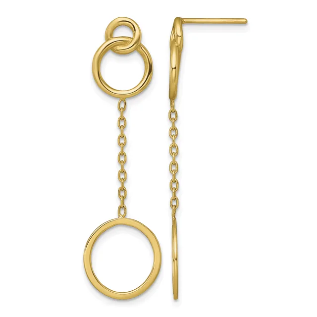 A pair of gold dangle earrings with circular motifs connected by delicate chain links, shown from front and side views.