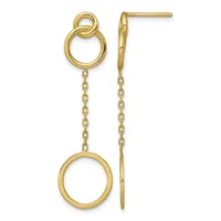 A pair of gold dangle earrings with circular motifs connected by delicate chain links, shown from front and side views.