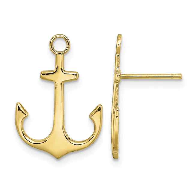 Gold anchor charm shown from front and side views, featuring a loop at the top and curved flukes at the bottom.