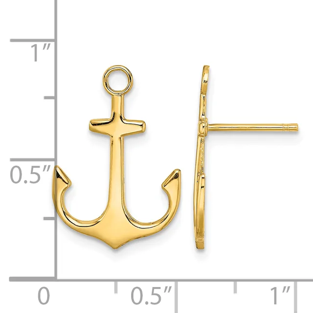 Gold-colored anchor charm with ring loop at top, shown from front and side views next to a measurement scale indicating approximately one inch in height.