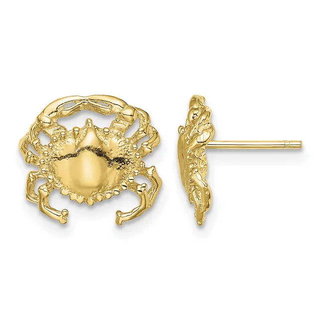 Gold crab stud earrings shown from front and side views, featuring detailed textured claws and shell with a polished dome center.