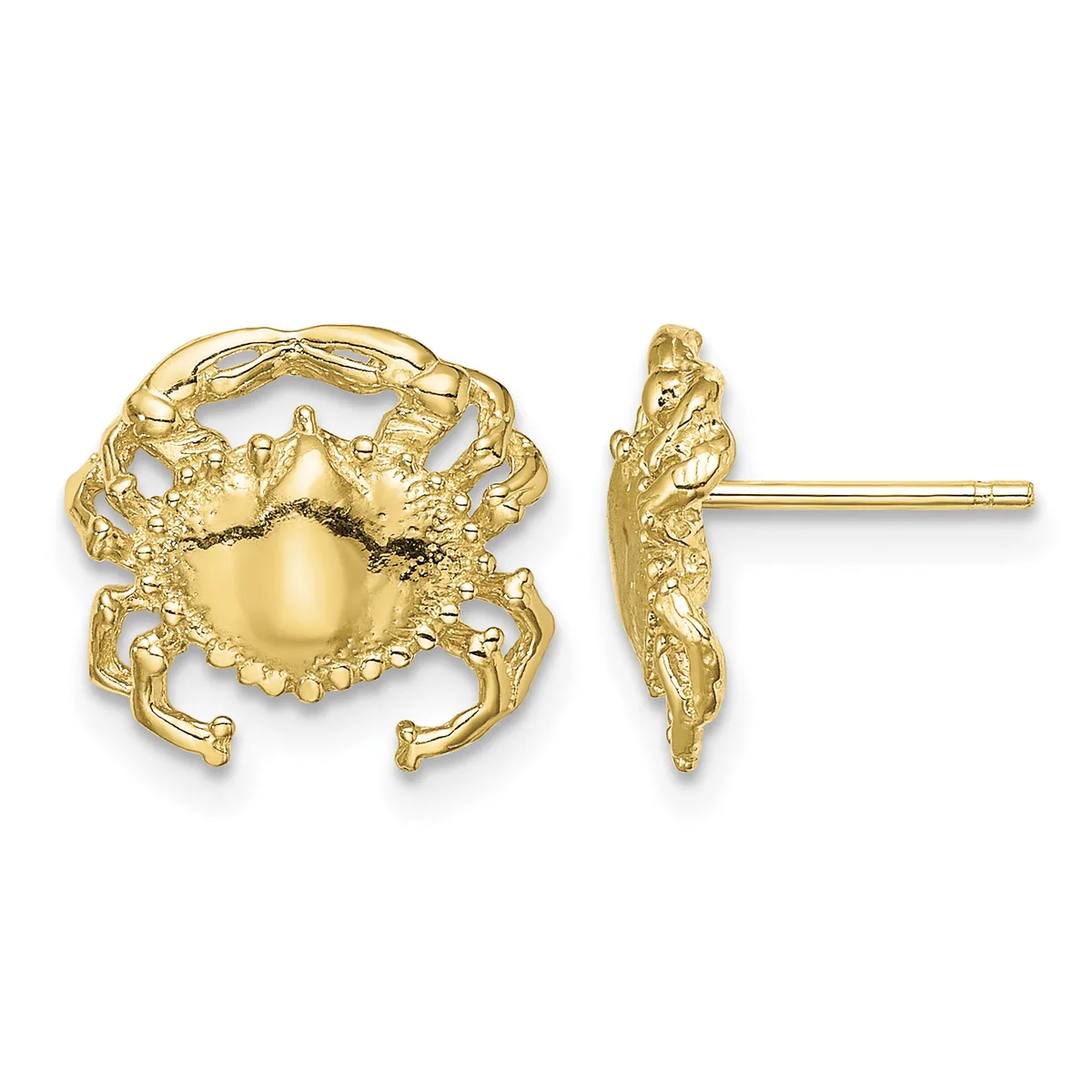 Gold crab stud earrings shown from front and side views, featuring detailed textured claws and shell with a polished dome center.