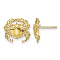 Gold crab stud earrings shown from front and side views, featuring detailed textured claws and shell with a polished dome center.