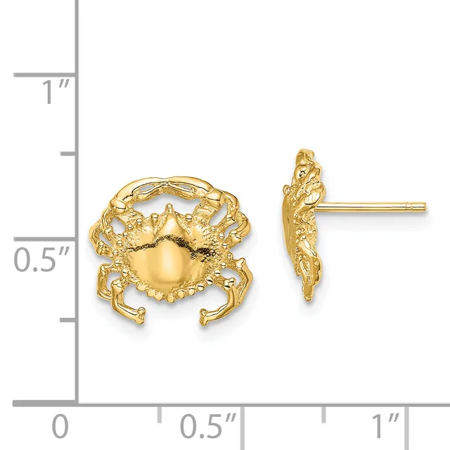 Gold crab stud earrings shown front and side view next to a measurement scale indicating approximately 0.75 inches wide.