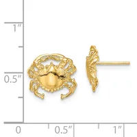Gold crab stud earrings shown front and side view next to a measurement scale indicating approximately 0.75 inches wide.