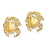 A pair of gold crab-shaped earrings with detailed textured bodies and articulated legs, shown from the front against a white background.