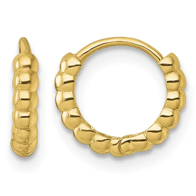 A pair of gold-colored hoop earrings with a textured, beaded or scalloped surface design shown from the front and side view.