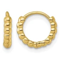 A pair of gold-colored hoop earrings with a textured, beaded or scalloped surface design shown from the front and side view.