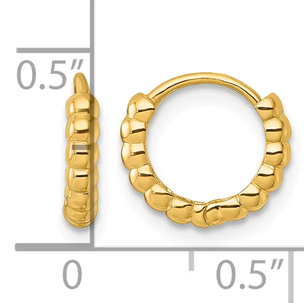Gold beaded hoop earrings with a measurement scale showing dimensions of approximately 0.5 inches.