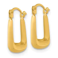 A pair of polished gold hoop earrings with rounded rectangular shapes and small hallmarks, displayed against a white background.