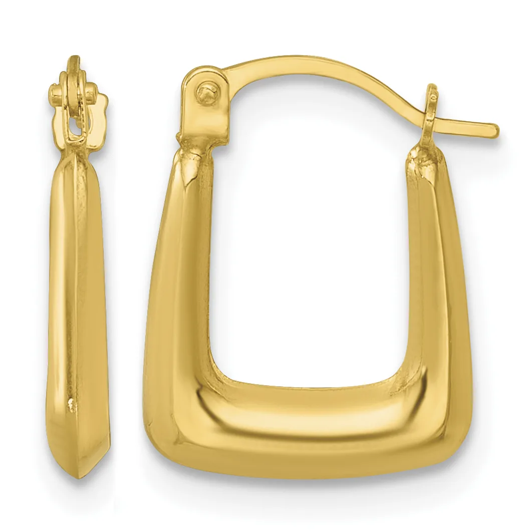 A pair of gold hoop earrings with a squared rectangular shape and polished finish, shown front and side view with post and clutch closures.
