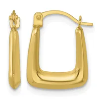A pair of gold hoop earrings with a squared rectangular shape and polished finish, shown front and side view with post and clutch closures.