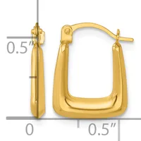 A pair of gold-plated square hoop earrings with rounded corners and post and clutch closures, shown from front and side views with measurement indicators.