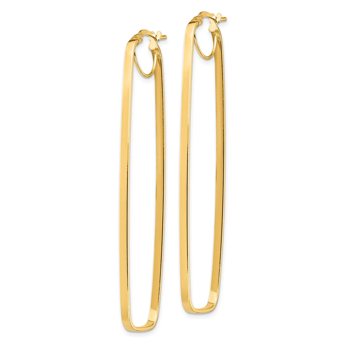 A pair of long, rectangular gold hoop earrings with polished finish and hinged posts.