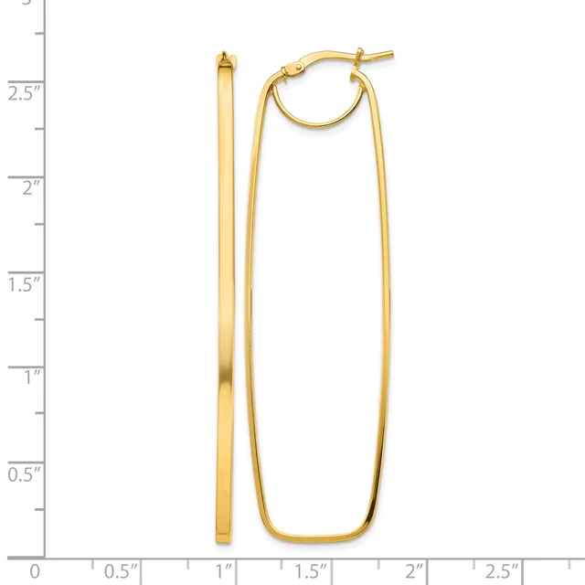 Pair of gold-toned rectangular hoop earrings with rounded corners, shown from front and side views against a measurement scale.
