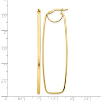 Pair of gold-toned rectangular hoop earrings with rounded corners, shown from front and side views against a measurement scale.