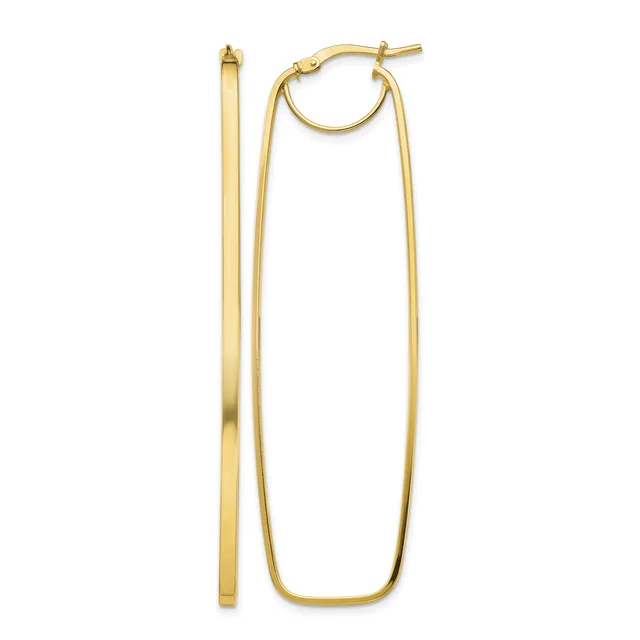 Pair of long rectangular gold hoop earrings with a polished finish and hinged post closures, shown from the front and side.