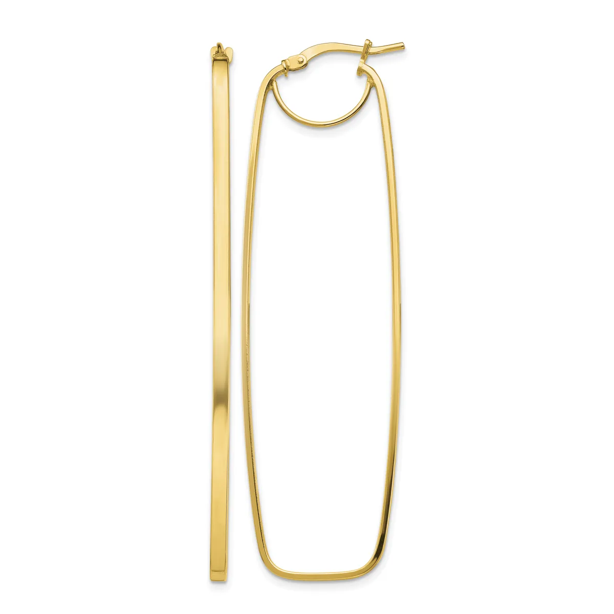 Pair of long rectangular gold hoop earrings with a polished finish and hinged post closures, shown from the front and side.