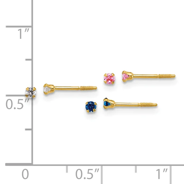 Three pairs of gold stud earrings with gemstones displayed on a measurement scale, ranging from approximately 0.5 to 1 inch in length.