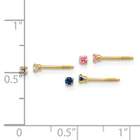 Three pairs of gold stud earrings with gemstones displayed on a measurement scale, ranging from approximately 0.5 to 1 inch in length.