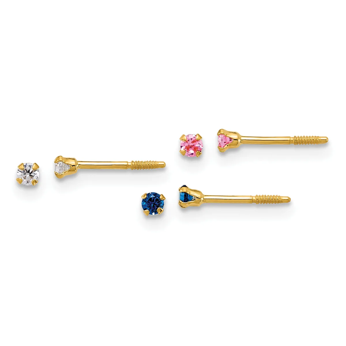 Three pairs of gold stud earrings with screw backs, featuring round gemstones in clear, pink, and blue stones.