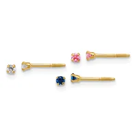 Three pairs of gold stud earrings with screw backs, featuring round gemstones in clear, pink, and blue stones.