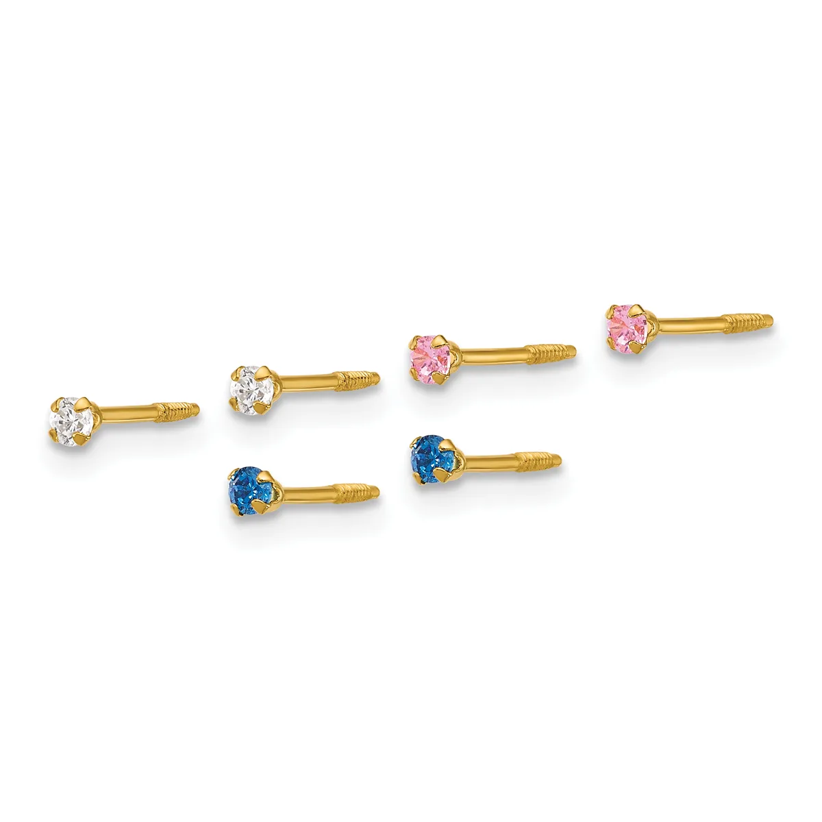 Six gold stud earrings with screw backs, arranged in three pairs featuring clear, pink, and blue round gemstones.