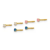 Six gold stud earrings with screw backs, arranged in three pairs featuring clear, pink, and blue round gemstones.