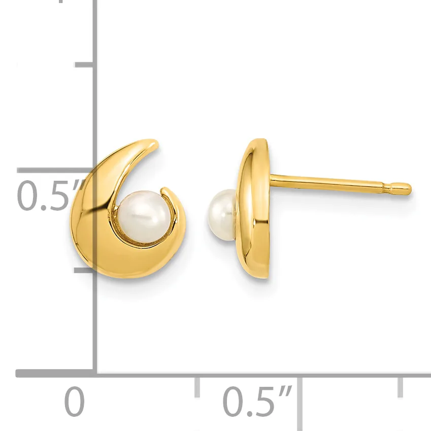 Gold crescent-shaped earrings with white pearl accents, shown at actual size on a measurement scale indicating approximately 0.5 inches in height.