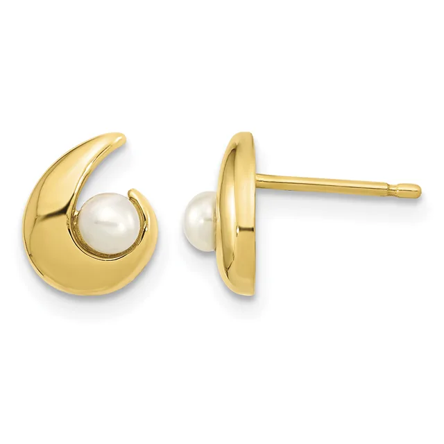 Pair of gold crescent-shaped stud earrings with white pearl accents, shown from front and side views.