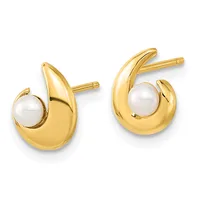 A pair of gold teardrop earrings with pearl accents and post backs, displayed against a white background.