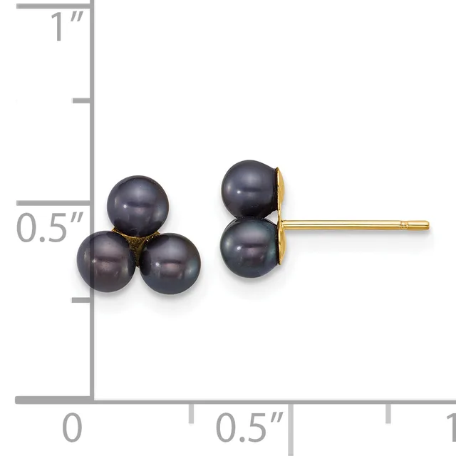 Pair of dark gray pearl stud earrings with gold posts shown next to a ruler measuring approximately half an inch in height.