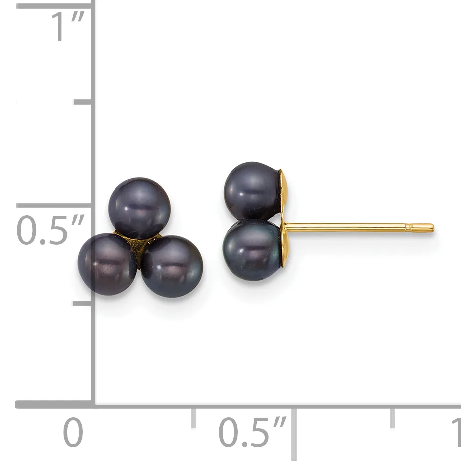 Pair of dark gray pearl stud earrings with gold posts shown next to a ruler measuring approximately half an inch in height.