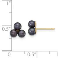 Pair of dark gray pearl stud earrings with gold posts shown next to a ruler measuring approximately half an inch in height.
