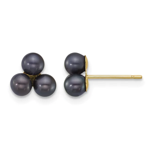 A pair of stud earrings featuring three dark gray pearls arranged in a triangular cluster, mounted on gold posts shown from front and side views.