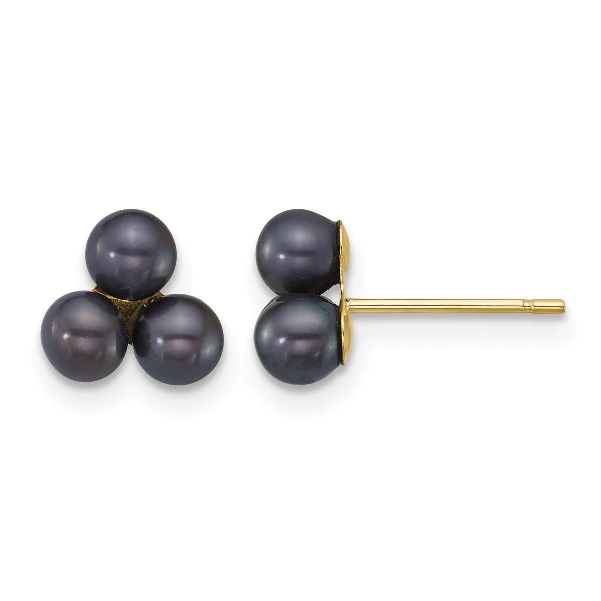 A pair of stud earrings featuring three dark gray pearls arranged in a triangular cluster, mounted on gold posts shown from front and side views.
