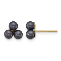 A pair of stud earrings featuring three dark gray pearls arranged in a triangular cluster, mounted on gold posts shown from front and side views.