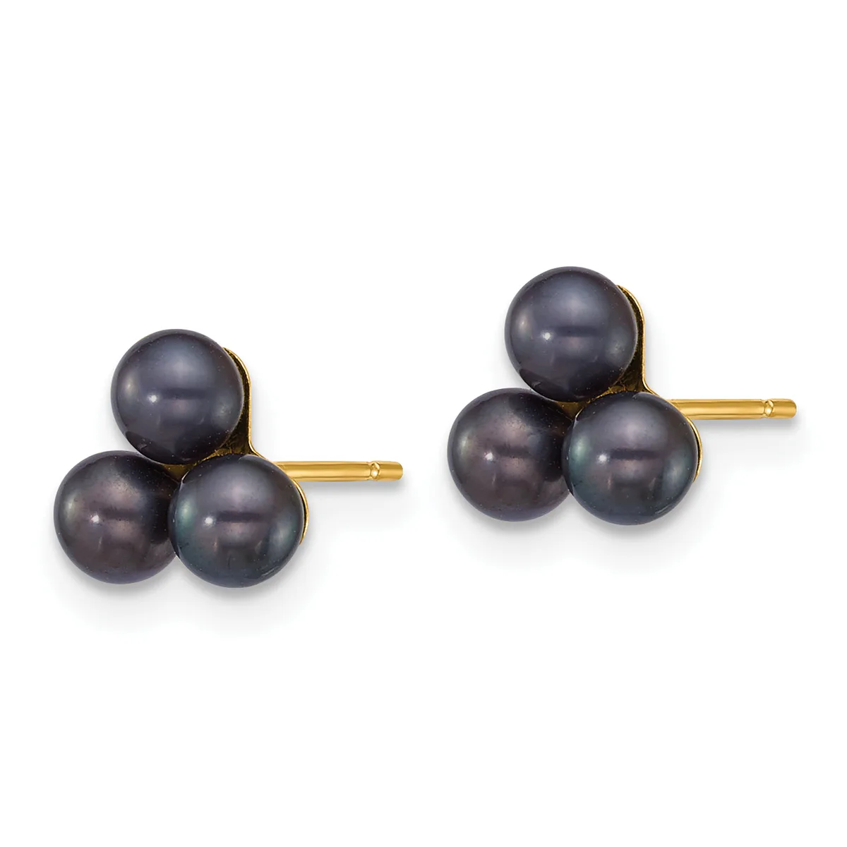 Pair of gold stud earrings, each featuring three dark gray pearls clustered together on a gold post.