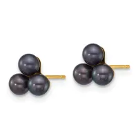 Pair of gold stud earrings, each featuring three dark gray pearls clustered together on a gold post.