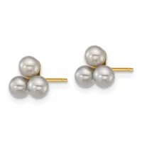 Pair of gold stud earrings, each featuring three lustrous gray pearls arranged in a clustered formation.