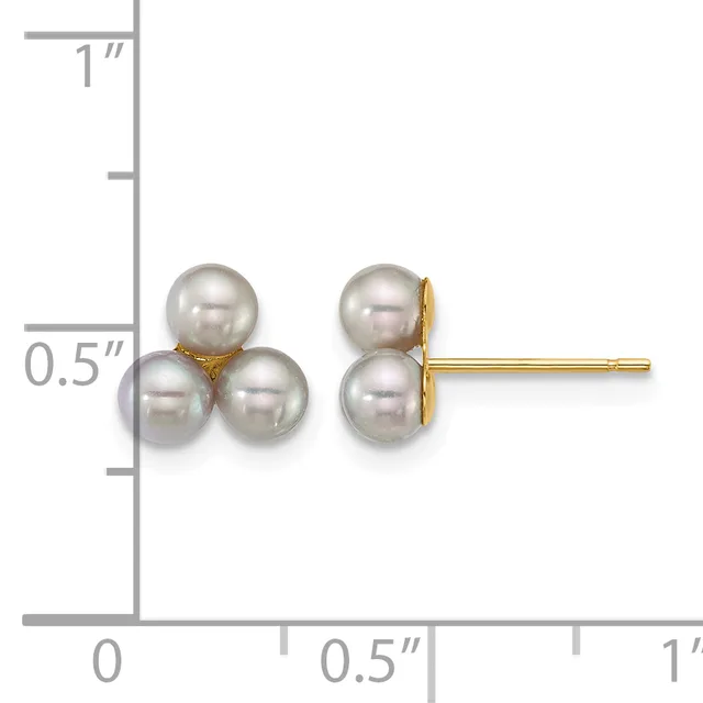 A pair of gray pearl stud earrings arranged in a three-pearl cluster formation with gold posts, displayed next to a ruler showing approximately 0.5 inches in height.