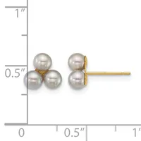 A pair of gray pearl stud earrings arranged in a three-pearl cluster formation with gold posts, displayed next to a ruler showing approximately 0.5 inches in height.