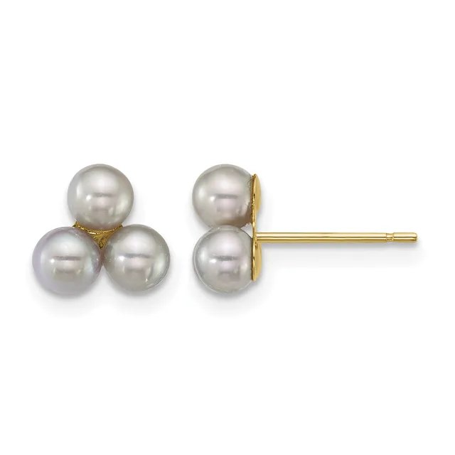 Pair of gold stud earrings, each featuring three white pearls arranged in a triangular cluster configuration.