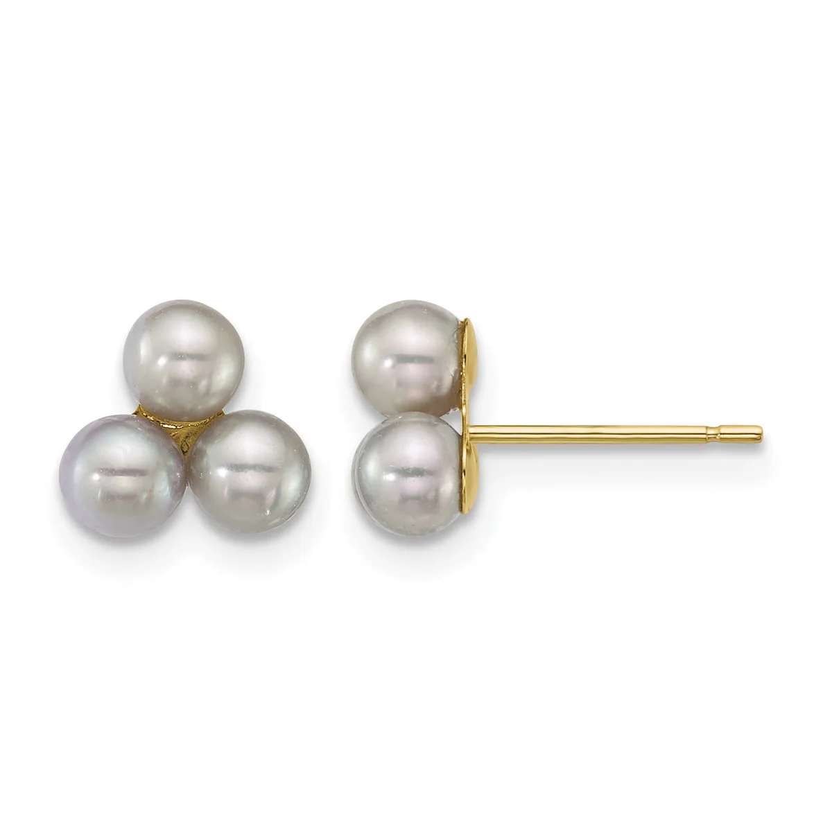 Pair of gold stud earrings, each featuring three white pearls arranged in a triangular cluster configuration.